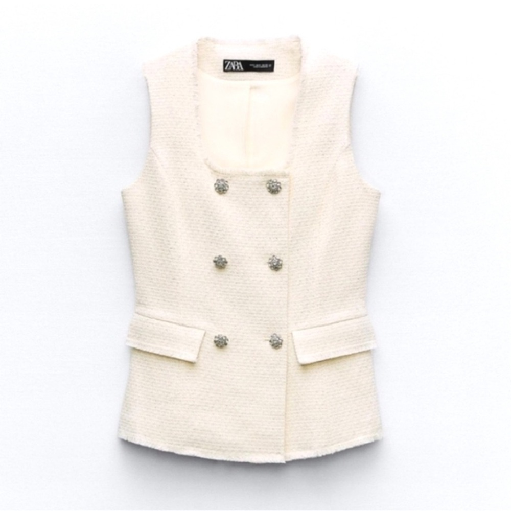 Zara Cream Tweed Sleeveless Blazer Vest